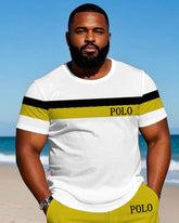 Men's Plus Size Simple Color-block Polo Chest Label Printed Short-sleeved T-shirt Shorts Suit